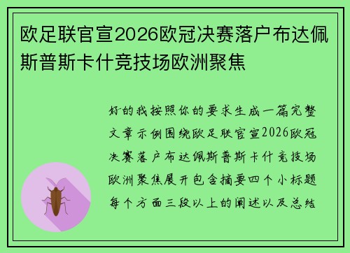 欧足联官宣2026欧冠决赛落户布达佩斯普斯卡什竞技场欧洲聚焦 欧足联官宣2026欧冠决赛落户布达佩斯普斯卡什竞技场欧洲聚焦